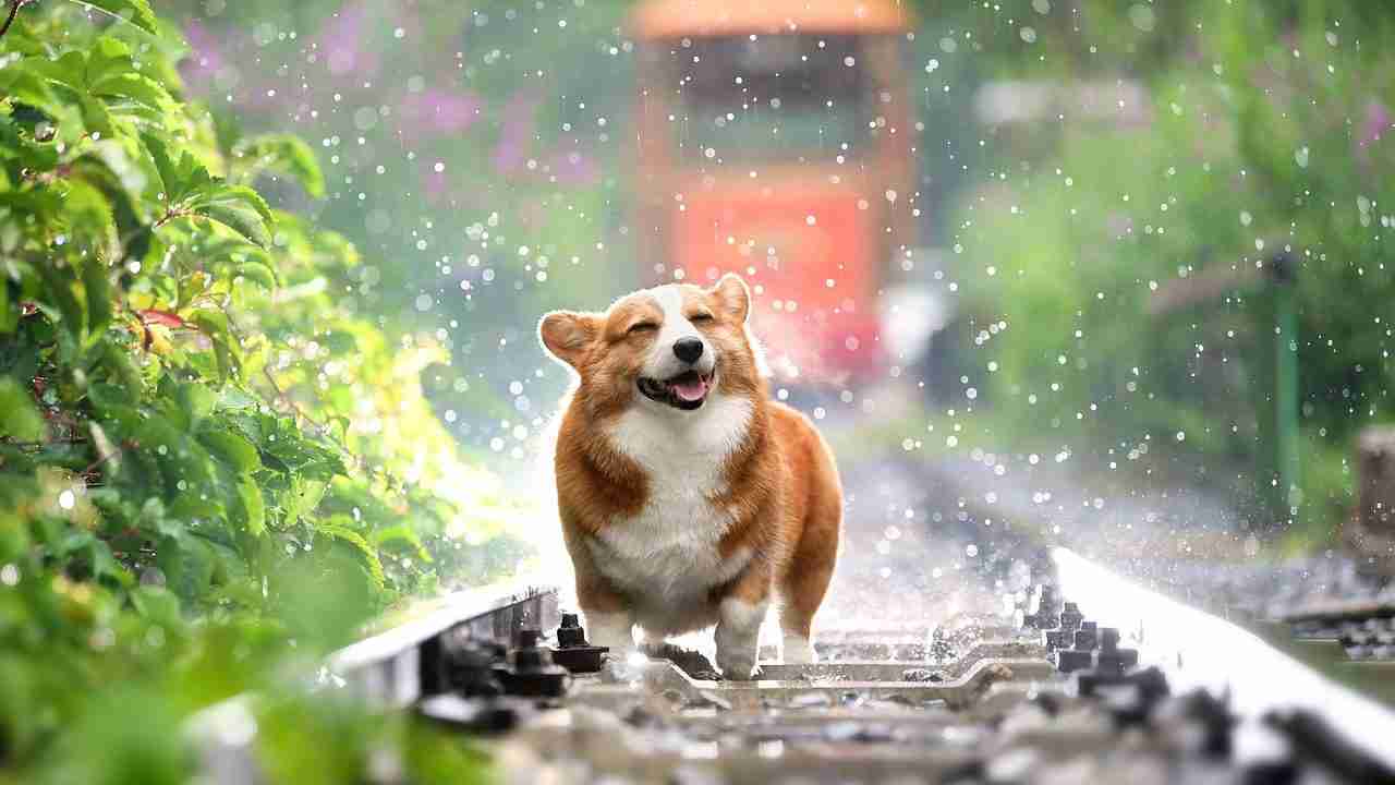 image of dog at a train path.