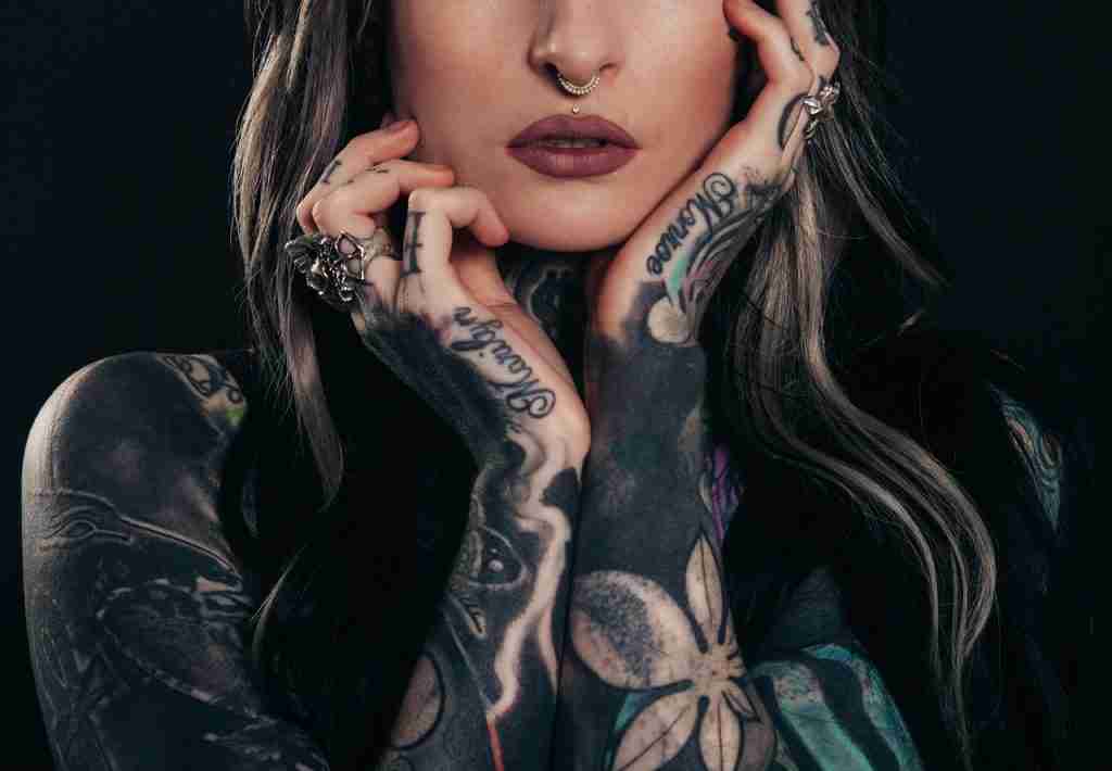 woman, tattoos, body art