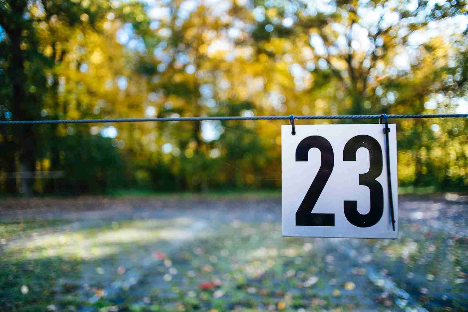 white and black stop sign and number 23 written.