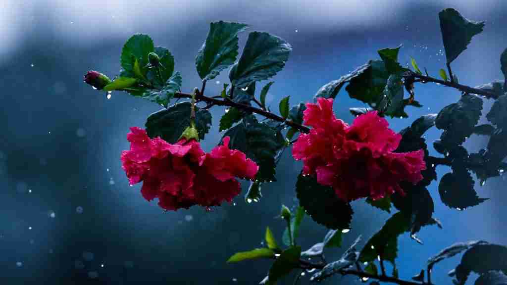 a branch of a tree with red flowers in the rain