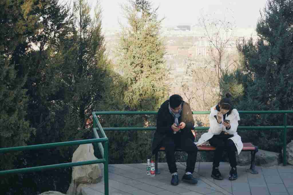 A man and a woman sitting on a brown bench, engaged with their mobile phones. Enjoying some downtime together, they explore fun facts about dating.